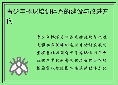青少年棒球培训体系的建设与改进方向